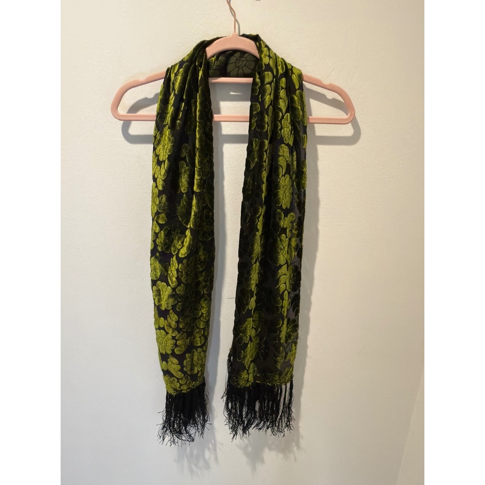 Vintage Green Floral Burnout Silk Velvet Fringe Scarf